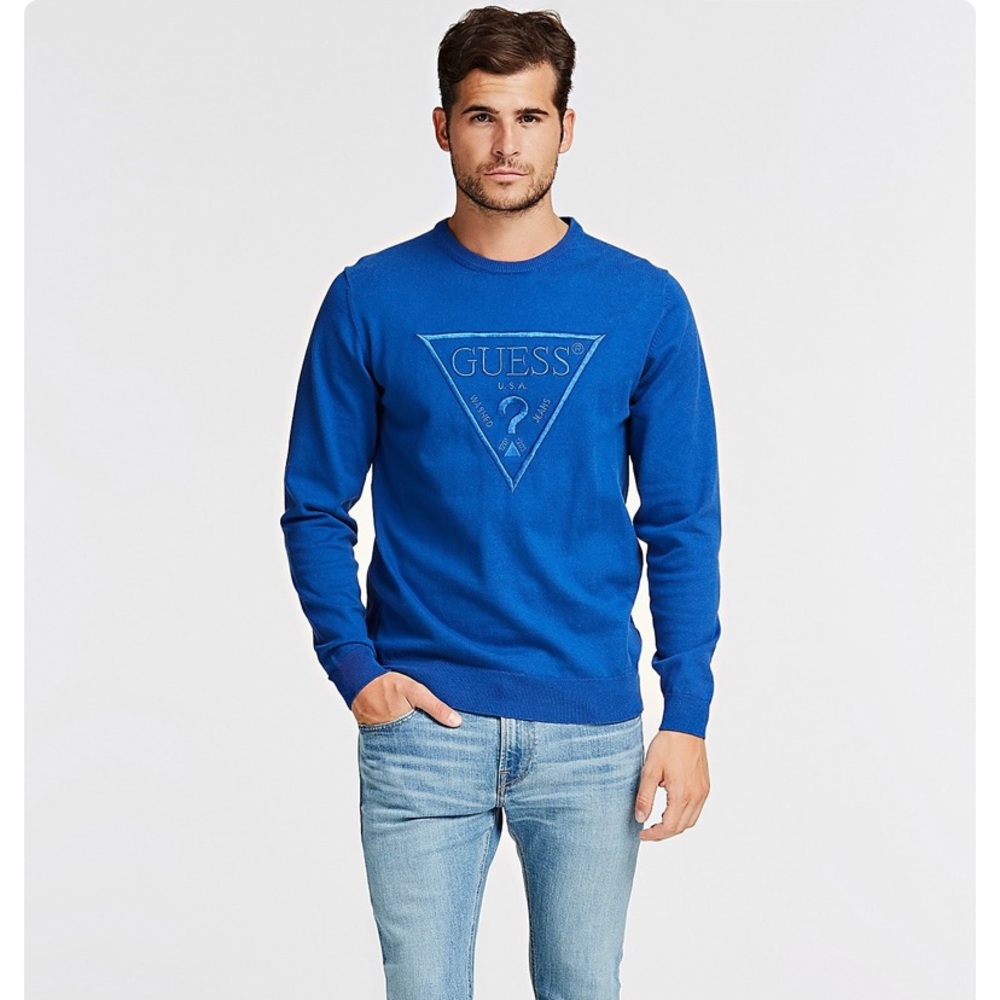 GUESS Embroidered Triangle Logo Sweater in Blue XS NWOT